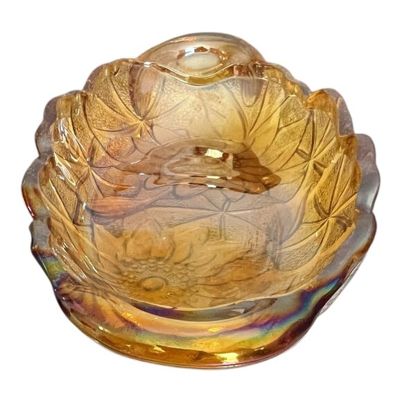 Amber Marigold Carnival Glass Sunflower Pattern Oval Relish Dish With Handles - Picture 7 of 9